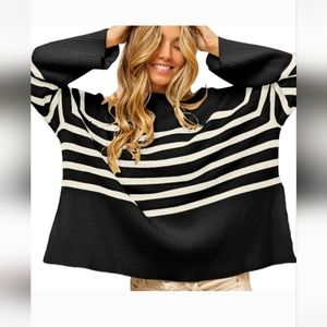 Women's Black Stripe Ribbed Oversized Sweater